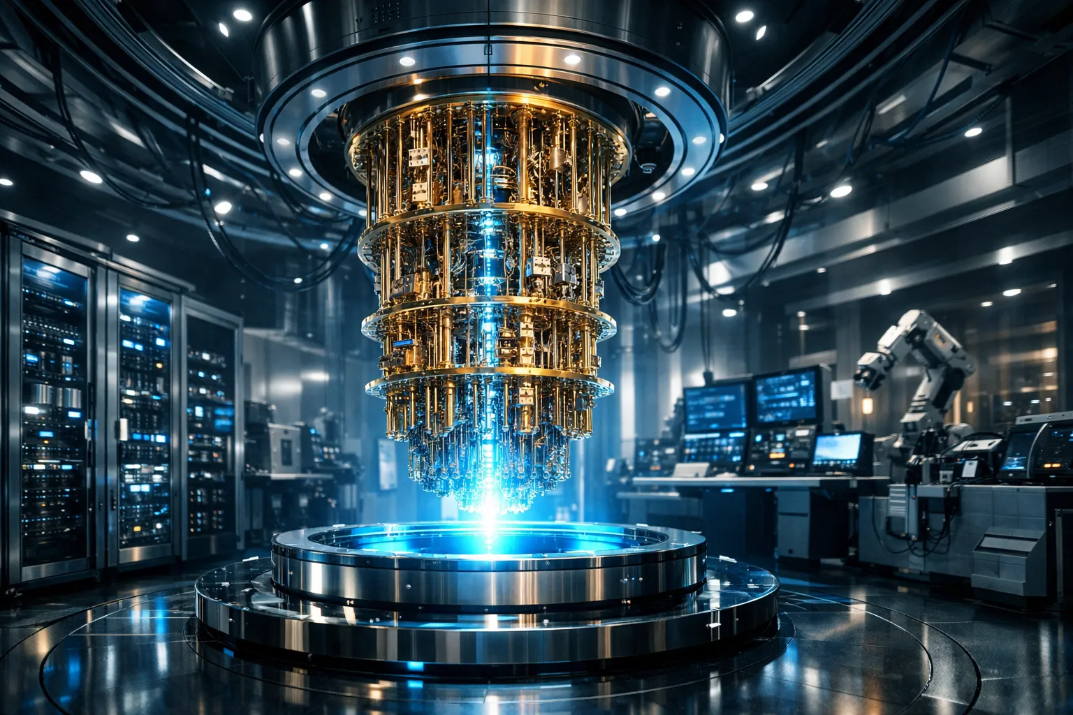 Quantum Computing Core in a High-Tech Facility. Futuristic quantum computer core glowing within a sophisticated high-tech environment